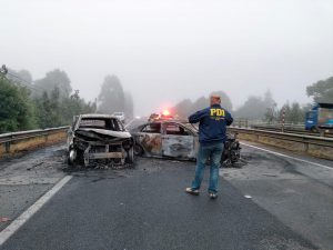 Asaltantes robaron cajero y quemaron autos, cortaron un árbol y lanzaron "miguelitos" en la Ruta 5