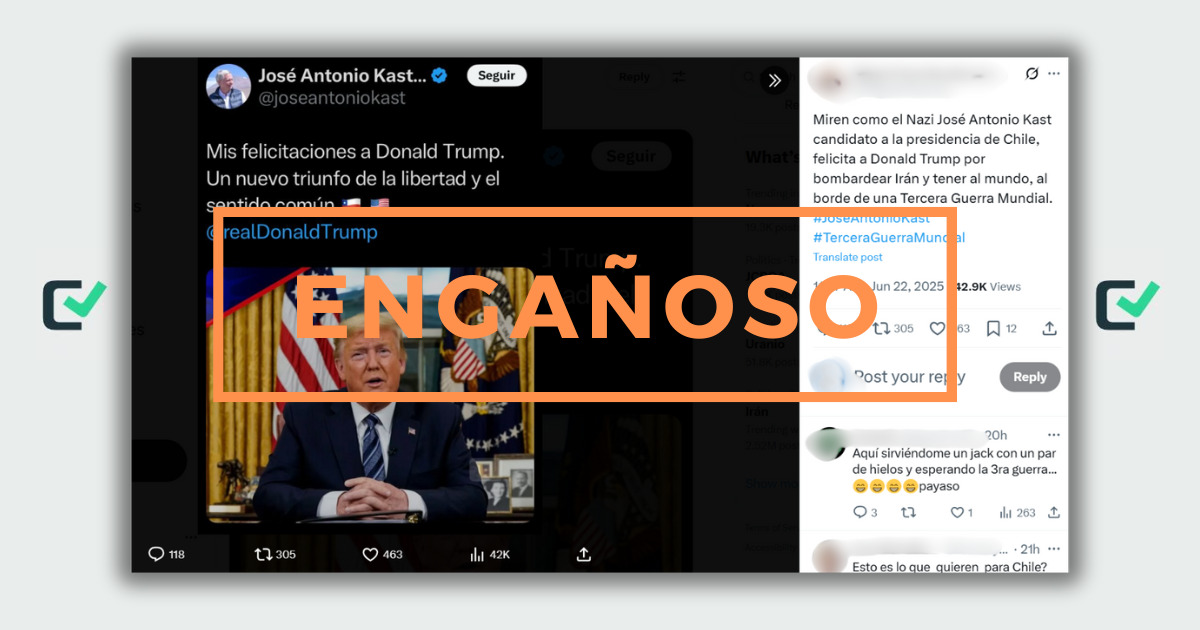 ENGAÑOSO: José Antonio Kast no felicitó a Trump por ataque a Irán, el mensaje es de 2024