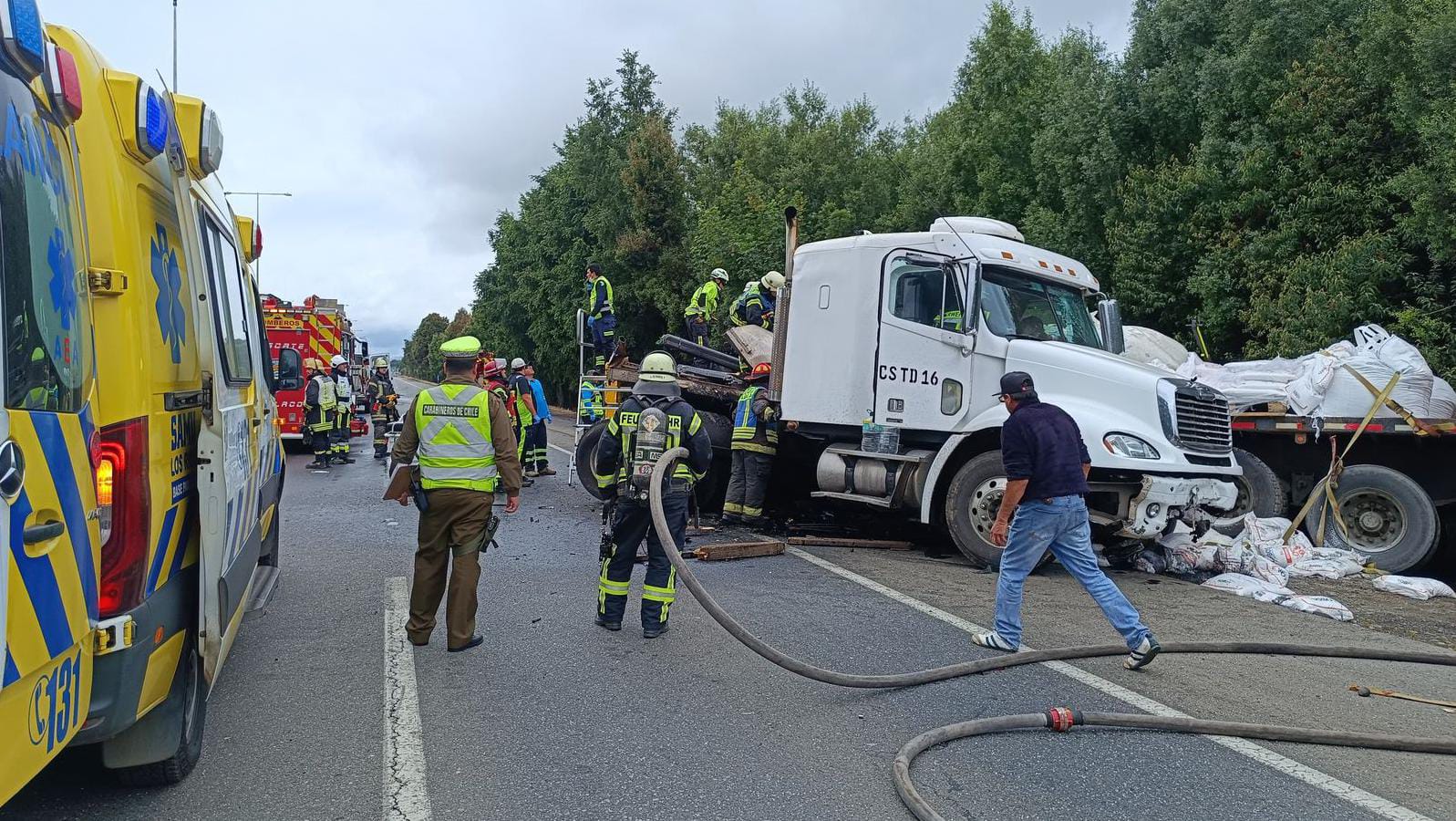 Colisión frontal entre dos camiones mantiene cortada la Ruta 5 Sur a la altura de la comuna de Paillaco