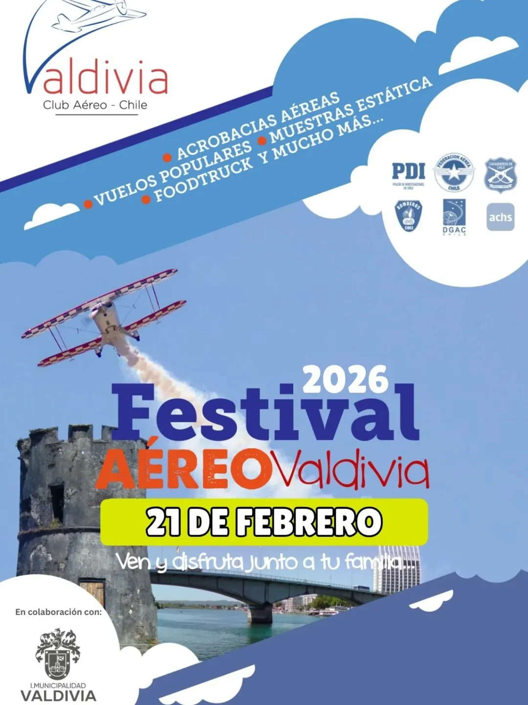 Festival Aéreo en Valdivia ofrecerá acrobacias, vuelos populares y acceso gratuito este sábado